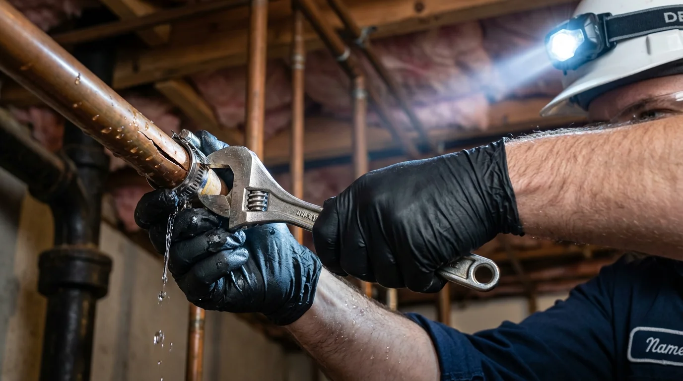 Emergency pipe clamp repair being performed by a Johns Plumbing LLC plumber in Wurtsboro