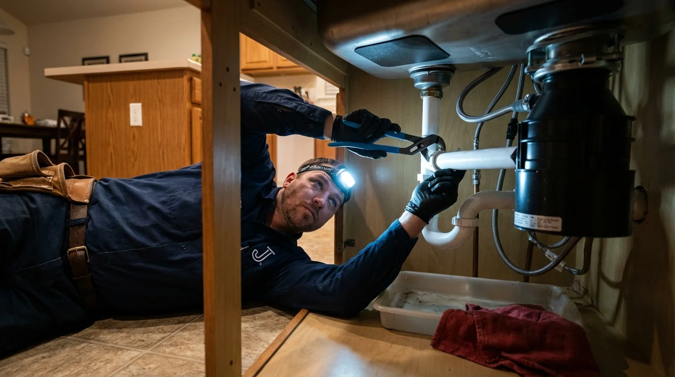 P-trap and supply line connections under a kitchen sink showing a common leak point in Wurtsboro, NY